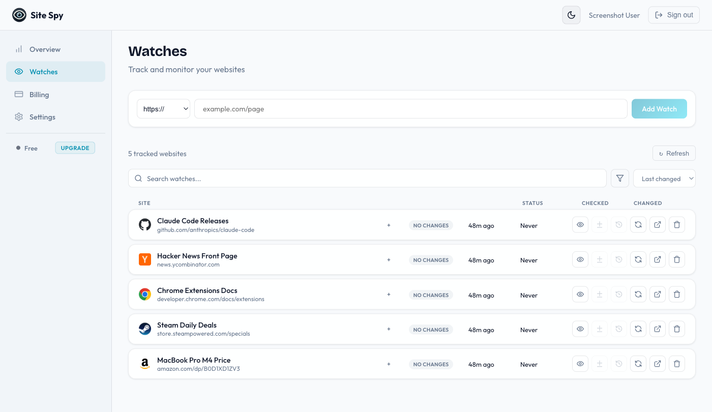 Site Spy web dashboard showing tracked websites with status indicators