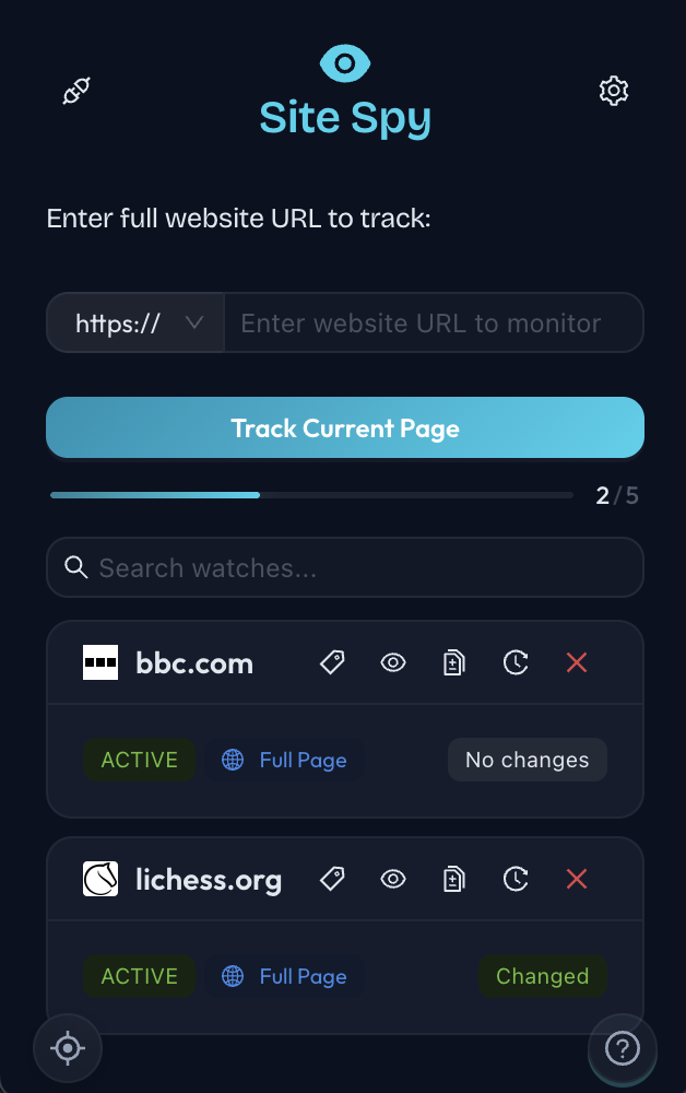 Site Spy extension showing list of tracked websites with change indicators
